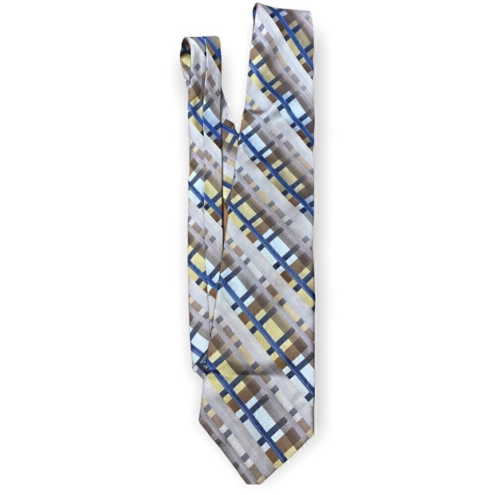 Crazy Horse a Claiborne Company handmade silk plaid striped tie in tan blue gold